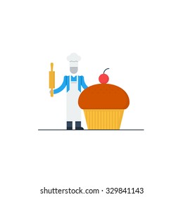 Baking cakes and cooking courses, cook with hat and cake vector flat illustration