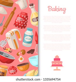 Baking cartoon tools, food flayer banner. Kitchen utensils. Cooking vector illustration. Baking ingredients set sugar, vanilla, flour, oil, butter, baking soda, baking powder.