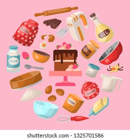 Baking Cartoon Tools And Food Seamless Pattern. Kitchen Utensils. Baking Ingredients Sugar, Vanilla, Flour, Oil, Butter, Baking Soda, Cake, Eggs. Cooking Vector Illustration.