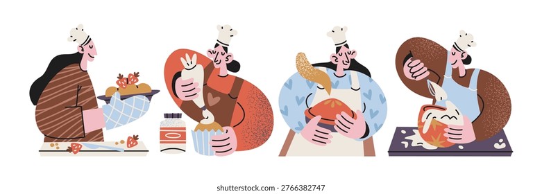 Baking characters cooking pastry bread in retro cartoon style. Bakers, chefs mixing dough, kneading, whisking with simple shapes and food elements. home baking process, kitchen cooking actions