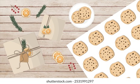 Baking christmas cookies illustration. Christmas Baking Scene with Gifts. Handmade gift and cookies. Eco-friendly christmas. Sustainable wrapping and cooking. Green christmas.