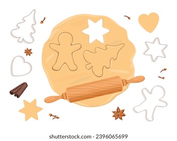 Baking Christmas cookies. Making gingerbread dough for Holidays. Form for cutting gingerbread, rolling pin and spices isolated on white background. Vector cartoon illustration.