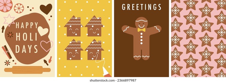 Baking Christmas gingerbread. Different types of homemade cookies. Cute baked Xmas cookies. Flat vector Illustration. Top view tasty winter set of cards. Winter sweets. Festive food, family culinary.