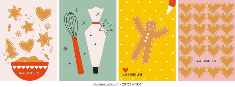 Baking Christmas gingerbread. Homemade cookies. Cute baked Xmas traditional sweets. Flat vector Illustration. Top view. Tasty winter set of cards, poster. Winter sweets. Festive food, family culinary.