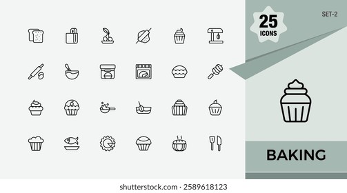 Baking collection. Includes icons for recipe, spoon, utensil, eat, cook, chef, pastry and more. Minimal linear icons. Editable stroke. Vector illustration.