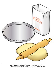 Baking Concept: Rolling Out Pastry Dough With A Rolling Pin. With A Packet If Flour And An Empty Pie Tin.