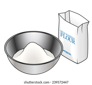 Baking concept: a stainless steel bowl with a mound of self raising flour.