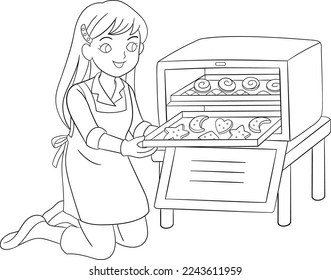 Baking Cookies Black and White Vector Line Art Coloring Page