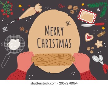 Baking cookies for Christmas.Two hands roll out the dough on the table, traditional, homemade holiday baking.Preparing for Christmas. Vector flat illustration on dark background. 