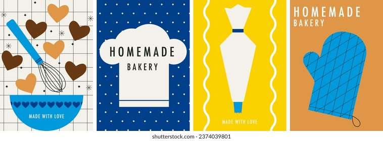 Baking cookies concept. Homemade bakery. Flat vector Illustration. Bakery process set of cards, poster. Kitchenware, cooking utensil. Festive food, family culinary. Abstract minimalist food design