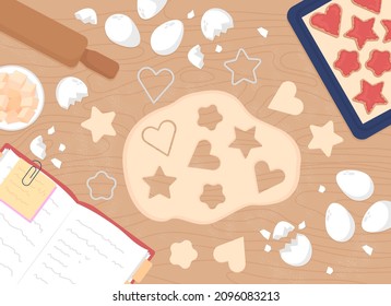 Ilustración vectorial de color plano de las cookies de horquilla. Estrella y agujeros en forma de corazón en la masa. Receta de postres y dulces. Ilustración de dibujos animados 2D de la vista superior con el escritorio en la colección de fondo