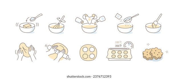 Baking cookies icons set. Basic butter cookie dough recipe. Pour, add, mix ingredient for holiday biscuits. Flat vector illustration isolated on white background