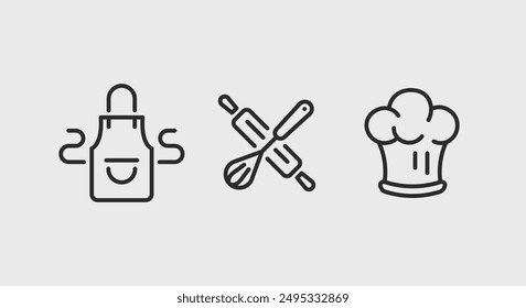 Hornear, Cocinar, Chef iconos. Conjunto de iconos culinarios. Delantal, Rolling Pin y Whisk, Chef Hat iconos aislados sobre fondo blanco. Ilustración vectorial.