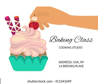 Baking cooking class. Cooking studio invitation. Baking cooking course. Baking cupcakes and cakes. Vector illustration