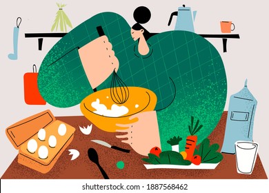 Baking, cooking homemade pastry concept. Young happy girl or boy cartoon character standing with mixer and mixing ingredients for preparing dough in bowl vector flat illustration