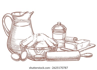 Baking and cooking ingredients isolated on white background. Vector hand drawn sketch illustration of flour, milk, butter, sugar, eggs. Package label, receipe, poster, banner design elements