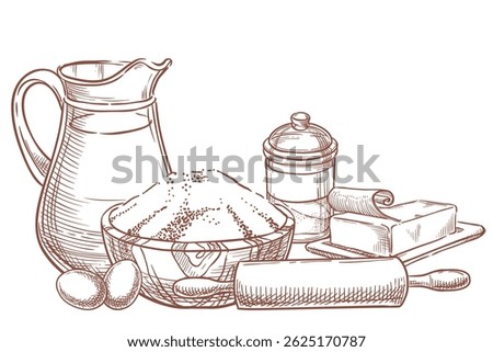 Baking and cooking ingredients isolated on white background. Vector hand drawn sketch illustration of flour, milk, butter, sugar, eggs. Package label, receipe, poster, banner design elements
