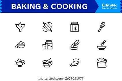 Baking Cooking Line Icon Set – Professional Minimal Editable Vector Icons for Culinary Recipes Kitchen