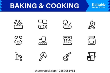 Baking Cooking Line Icon Set – Professional Minimal Editable Vector Icons for Culinary Recipes Kitchen