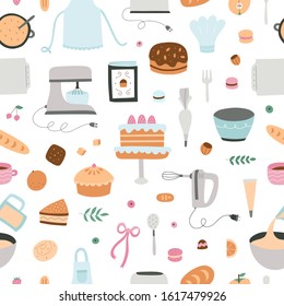 Baking and cooking seamless pattern. Repeat background with kitchen equipment, ingredients, sweet desserts and cakes