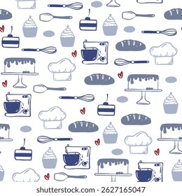 Baking and cooking seamless summer blue pattern. Repeat background with kitchen equipment, ingredients, sweet desserts and cakes.