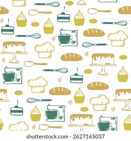 Baking and cooking seamless summer green pattern. Repeat background with kitchen equipment, ingredients, sweet desserts and cakes.