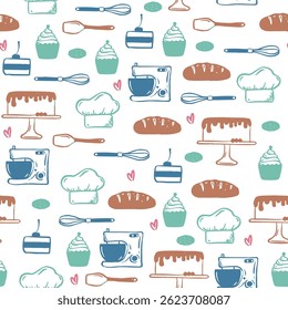 Baking and cooking seamless summer turquoise blue pattern. Repeat background with kitchen equipment, ingredients, sweet desserts and cakes.