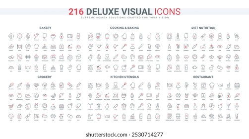 Baking and cooking tools, bakery and food of grocery shop basket, diet line icon set. Celebration in restaurant, chefs kitchen equipment thin black and red outline symbols vector illustration