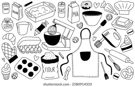 Baking and cooking tools vector hand drawn doodle set. Apron, mixer, scale, spoon, cake, flour, rolling pin