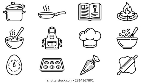 Baking and cooking utensils line icon set with cookbook rollingpin culinary