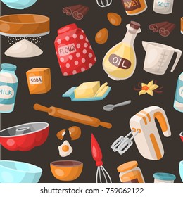 Baking cooking vector ingredients bake making cakes cook pastry prepare kitchen utensils homemade food preparation bakeware illustration bowl, sugar, powder seamless pattern background