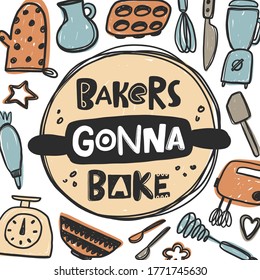 Baking course hand drawn lettering. Stylized phrase with dough, rolling pin and kitchen utensils. Creative grunge style poster, banner design elements with ink drops.