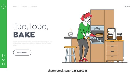 Baking Culinary Experience, Housekeeping Landing Page Template. Woman at Household. Female Character Cooking Bakes Put Raw Bun into Oven on Kitchen, Baker Cook Dessert. Linear Vector Illustration