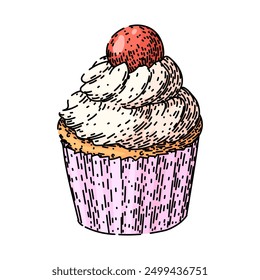 Bizcocho de hornear dibujado a mano. postre dulce, receta de chocolate, croquis de Vector de cupcake de hornear glaseado casero. ilustración de color aislado