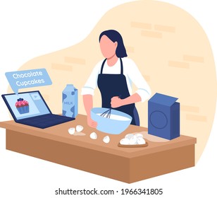 Baking cupcakes with online tutorial 2D vector web banner, poster. Woman prepare food in kitchen flat characters on cartoon background. Distance course printable patch, colorful web element