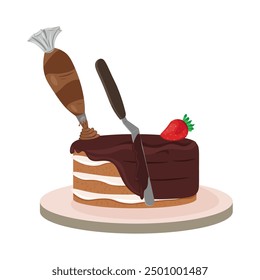 Baking and decorating a cake. Making a cake to order. Homemade baked goods. Hobby. Chocolate cake, pastry spatula, strawberries, pastry bag with chocolate cream. Vector illustration on white backgroun