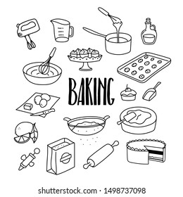 Baking, desserts, sweets related hand drawn doodle vector illustration with cake, cookies, whisk, measuring cup, cookies, rolling pin, eggs, flour. 