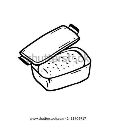 Baking dish with bread. Hand drawn black color line art style vector clipart. Isolated on white background.