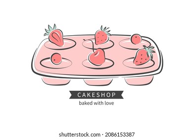 Baking dish for muffins and cake with berries .Bakery element or pastry shop.Vector Illustration for logo, menu, recipe design or icon.