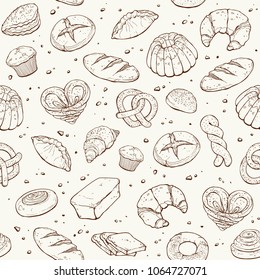 Baking doodle background. Vector seamless pattern with pastry sketches. Hand drawn cakes and pies wallpaper. Bread objects isolated on white.