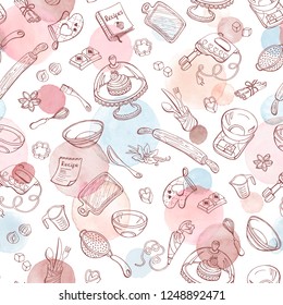 Baking doodle background. Vector seamless pattern with kitchen tools. Hand drawn baking utensils. Cooking tools with watercolor spots on background.