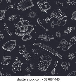 Baking doodle background. Vector seamless pattern with kitchen tools. Hand drawn baking utensils.