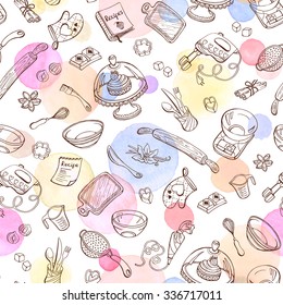 Baking doodle background. Vector seamless pattern with kitchen tools. Hand drawn baking utensils. Cooking tools with watercolor spots on background.