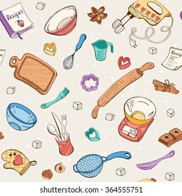 Baking Doodle Background. Vector Seamless Pattern With Kitchen Tools. Hand Drawn Baking Utensils.