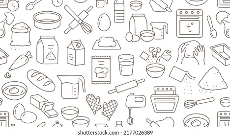 Patrón sin costuras de doodle marrón. El fondo del vector incluía iconos de línea como: alfiler, masa, mezclador, mantequilla, harina, pan, revuelo, huevo, leche. Papel de escritorio para el pan y la repostería