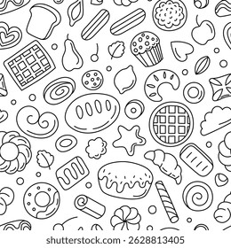 Baking doodle pattern. Seamless kitchen print with hand drawn bakery and cooking ingredients, pastry and dessert. Vector food texture for wrapping paper.