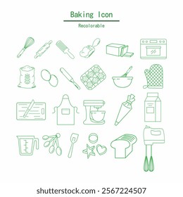 Baking doodle thin line icons set for baking, pastry, school, kitchen, and food design, perfect for seamless patterns, illustrations, and wallpaper