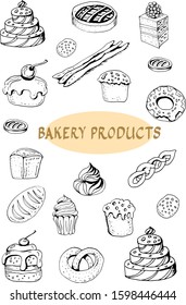 baking doodle vector products sweets bread muffins cakes pastries marshmallows meringue cake kulich bagel cookies cracker food sweet