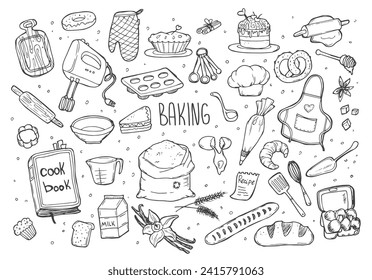 Baking doodles set. Bakery, confectionery and pastry stuff, tools, utensils, equipment and cooking ingredients. Freehand vector drawings isolated on white background