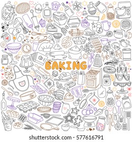 Baking doodles set. Bakery, confectionery and pastry stuff, tools, utensils, equipment and cooking ingredients. Freehand vector drawings isolated on white background